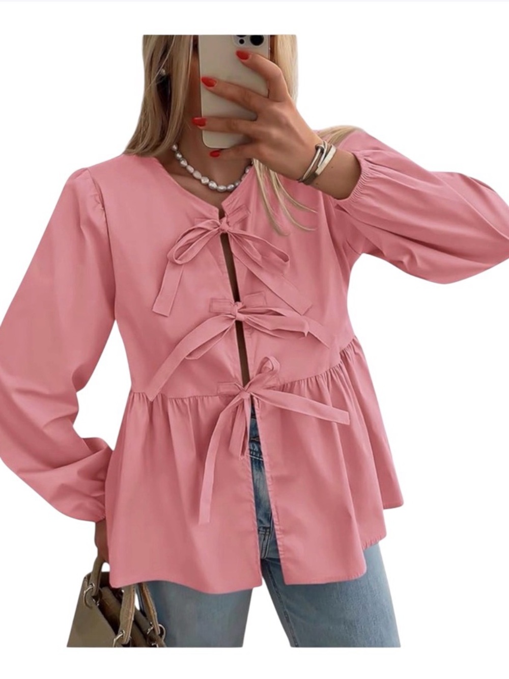 PrettyGarden Women's wenn mm Pink Tie-Front Peplum Blouse Top with Bows NWT